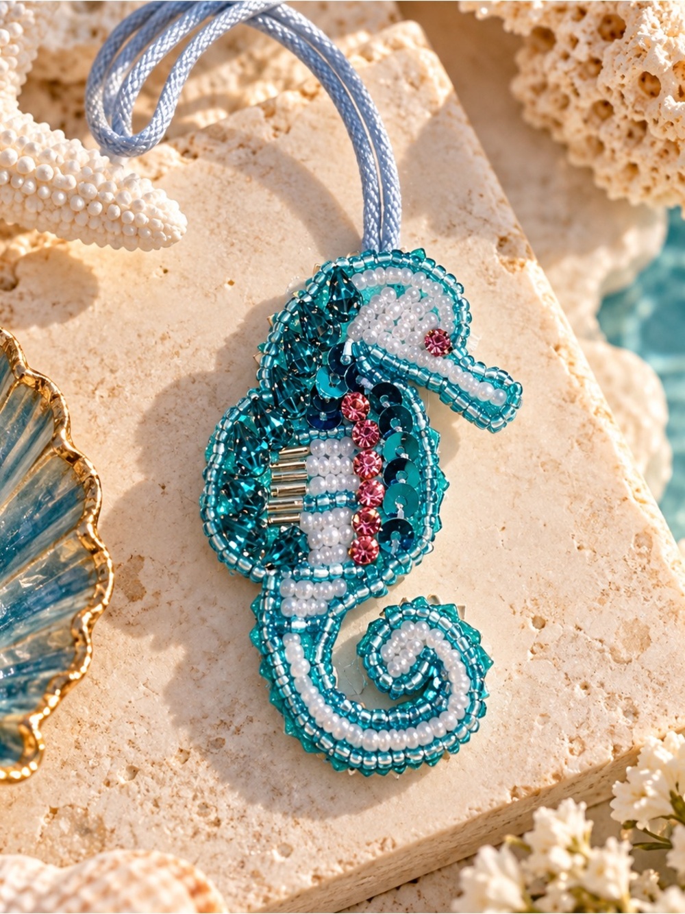 Teal Beaded Seahorse Bagcharm Sparkling Sequin Keychain